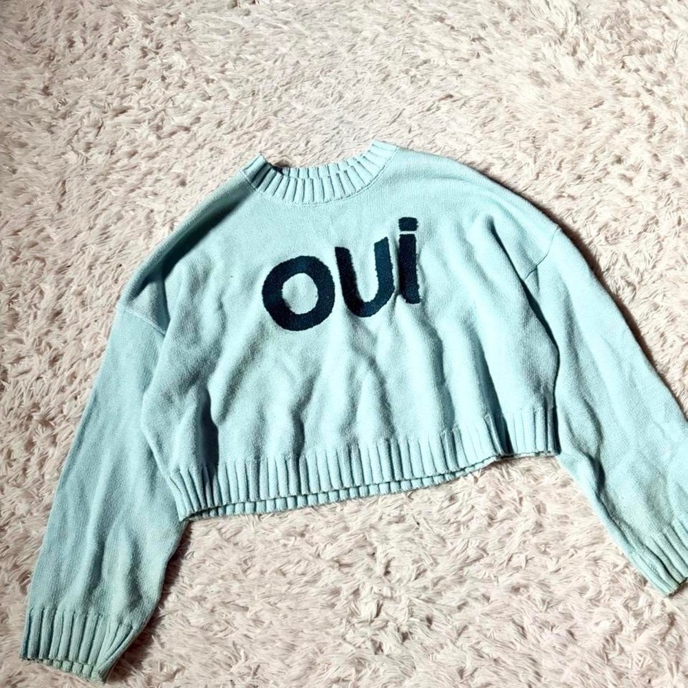 OUI Feminine French Chic Pastel Graphic Cropped Sweater Womens XS Whimsical
